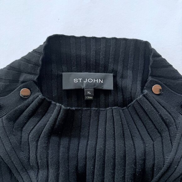 St John Women's Black Knit Ribbed Mock Neck Long Sleeve Top with Button Shoulder - Picture 4 of 8